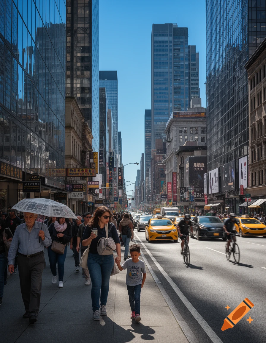 Busy city street with people walking, yellow taxis, and cyclists, flanked by tall skyscrapers under a clear blue sky.