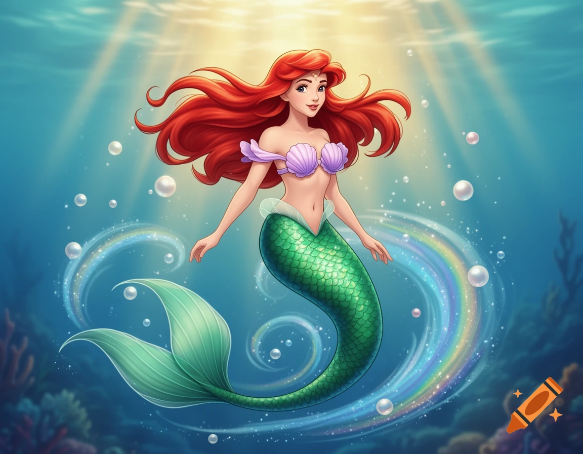 A vibrant cartoon mermaid with long red hair, a lilac shell top, and a green scaled tail swims underwater with bubbles and a rainbow trail.