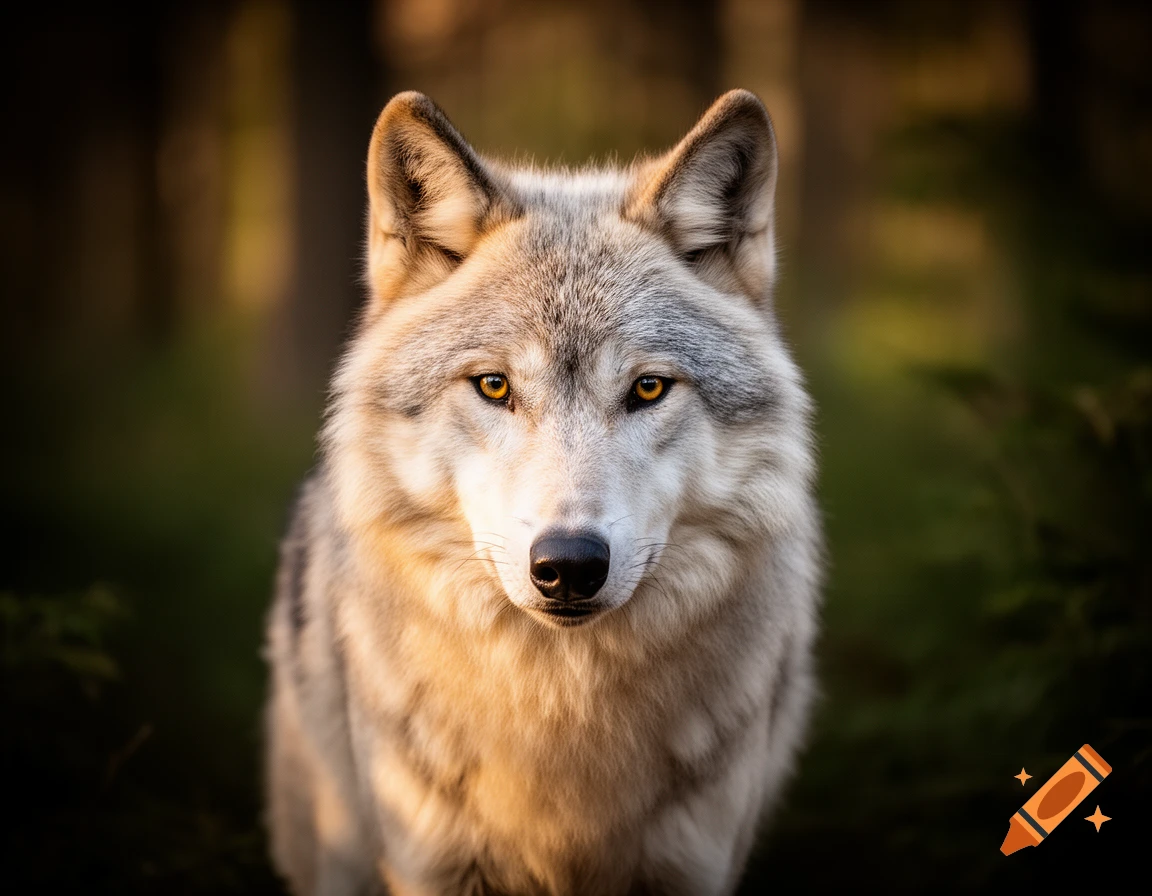Close-up, photorealistic portrait of a grey wolf with amber eyes looking forward in a forest.