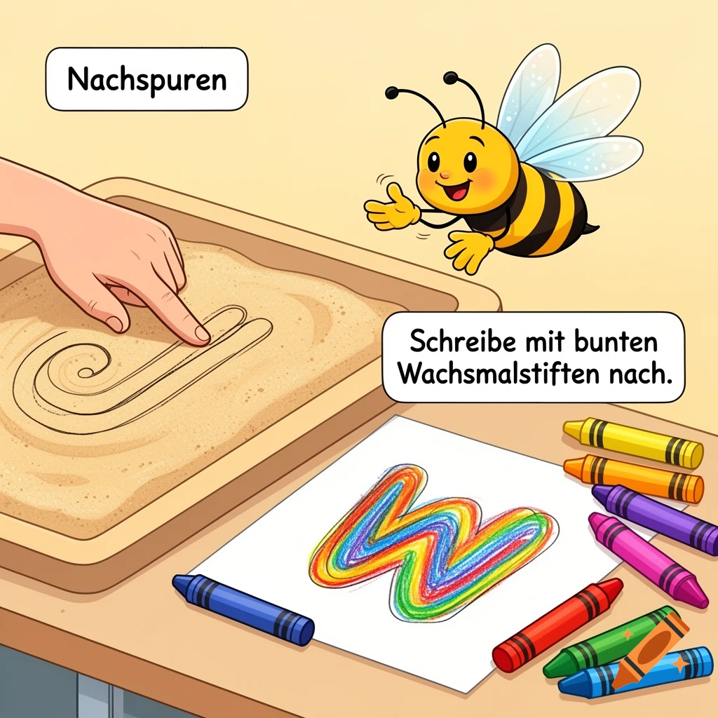 A cartoon image shows a hand tracing a letter in a sand tray, a smiling bee, and a paper with a rainbow 'W' drawn with colorful crayons.