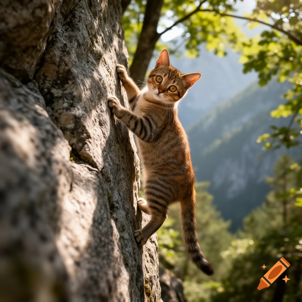 A cute tabby kitten with wide eyes is rock climbing on a large, sunlit rock with mountains and trees in the background.