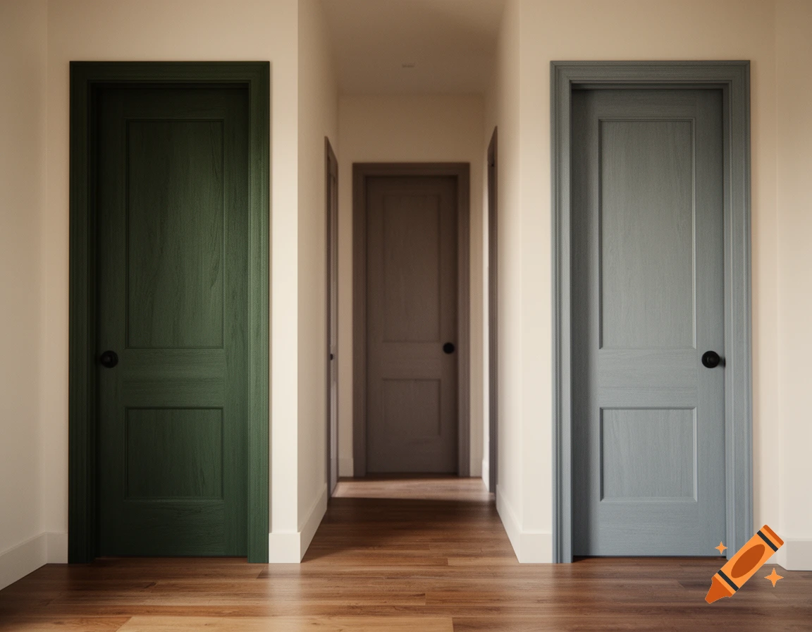 Photorealistic hallway with dark green, light blue, and brown doors and a wooden floor.