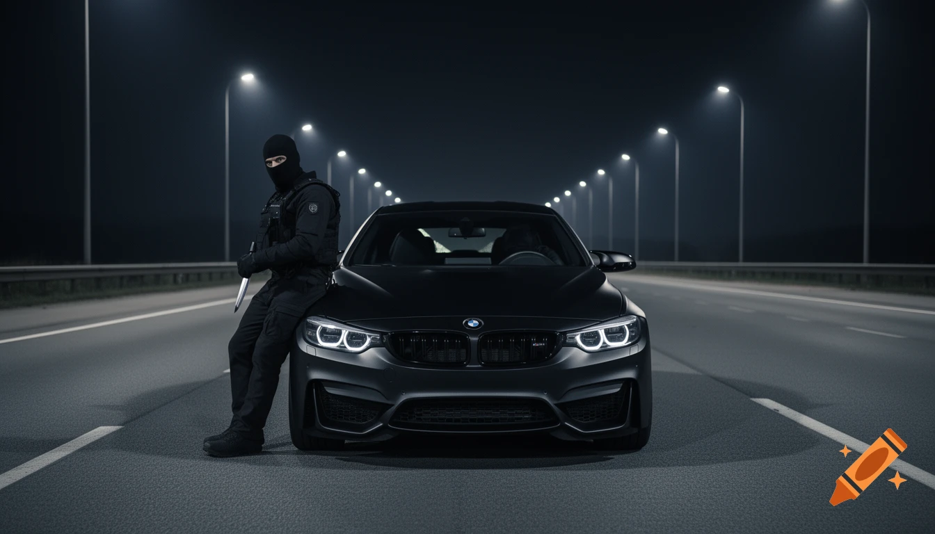 A masked figure in black tactical gear holding a knife, leaning against a black matte BMW M4 on a dark, empty highway at night with streetlights.