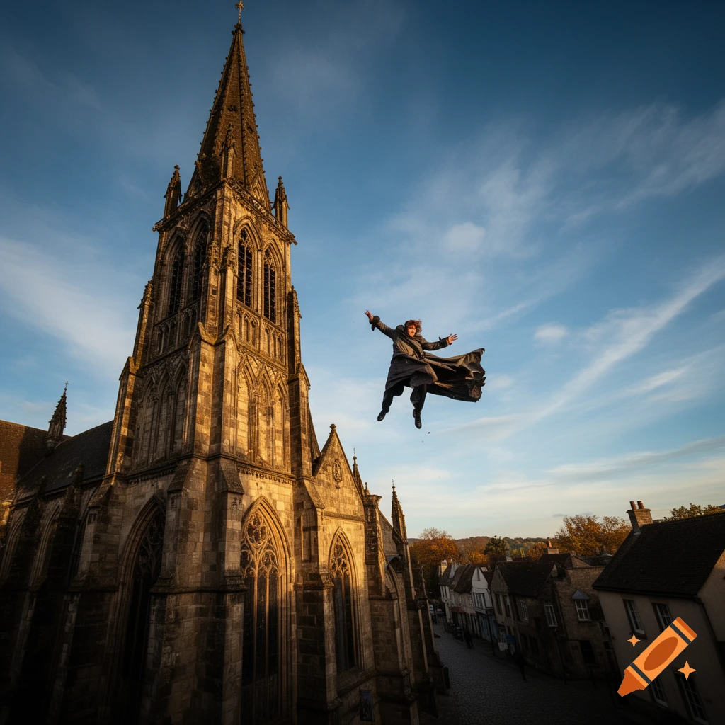 A person in a flowing dark coat dramatically floats beside a tall, ornate Gothic church spire against a blue sky.