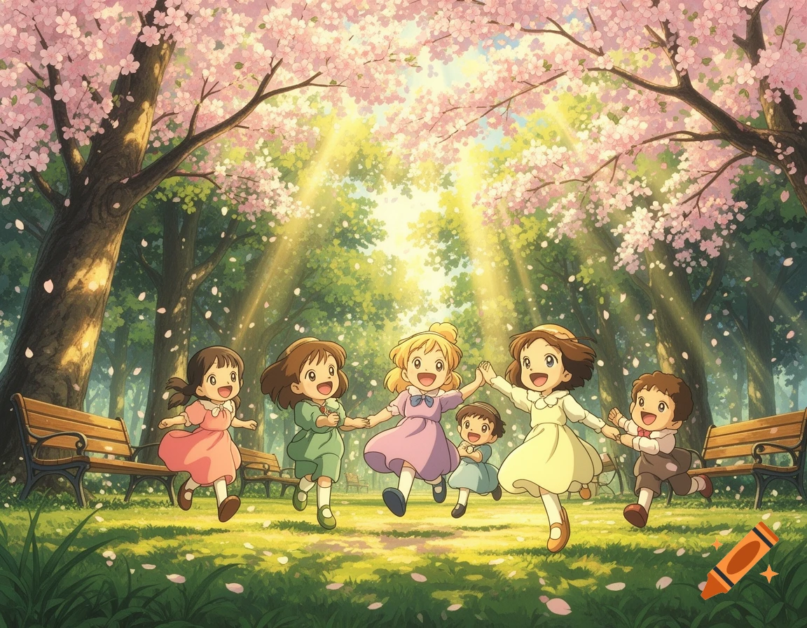 Anime children playing joyfully in a sunlit cherry blossom park with petals falling.