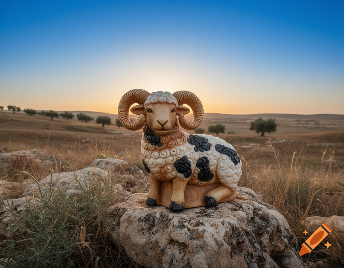 A brown and white spotted Jacob's sheep statue with large curved horns sits on a rock in a dry, grassy field with scattered olive trees under a sunset sky.