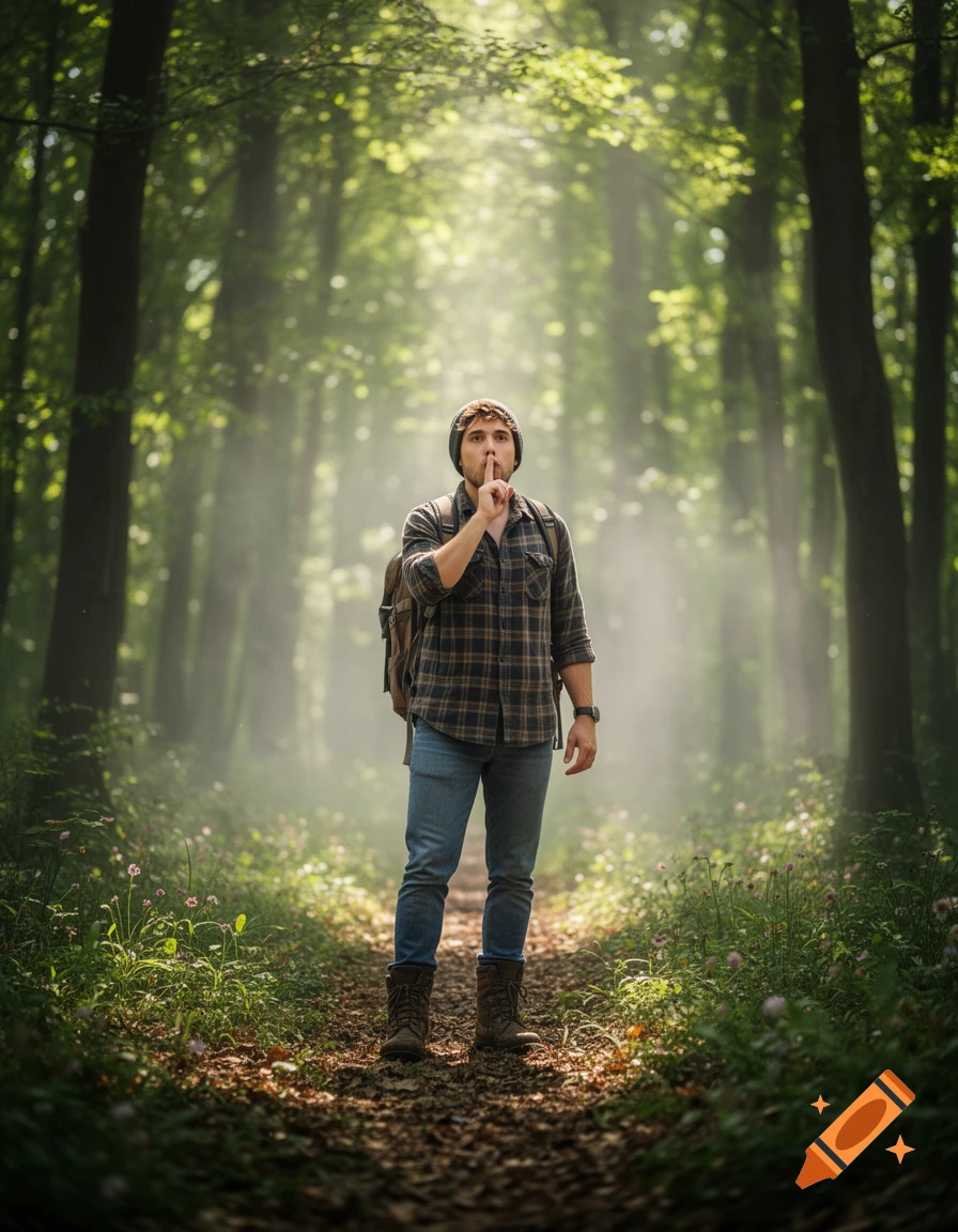 A male hiker stands on a forest path, making a shush gesture as light filters through the trees, in a photorealistic style.