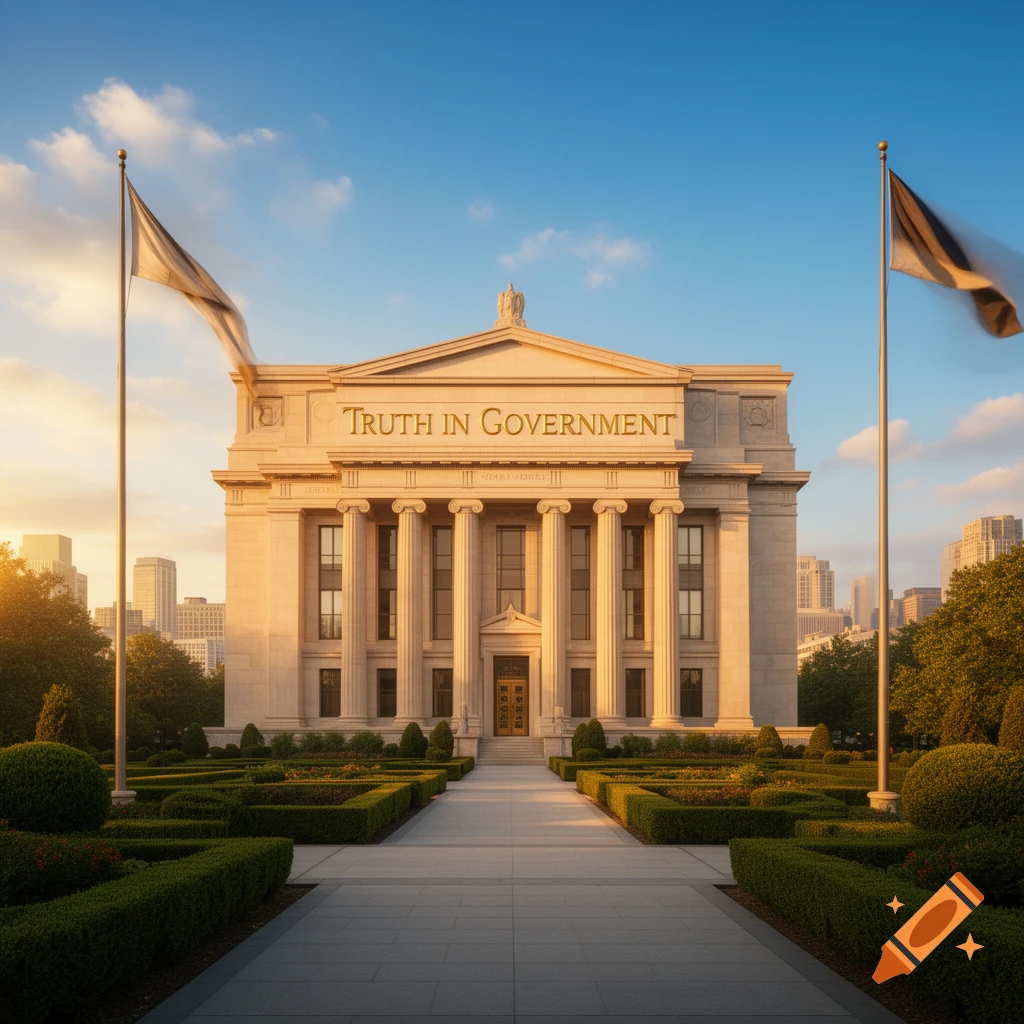 A grand classical building with "TRUTH IN GOVERNMENT" on its facade, flanked by flags and manicured gardens under a clear sky.