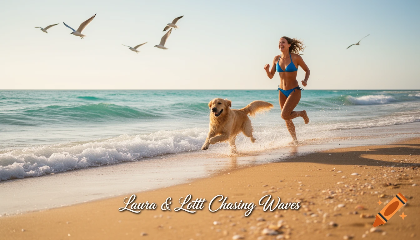 A woman in a blue bikini runs joyfully on a sandy beach alongside a golden retriever, with seagulls flying above the ocean waves.