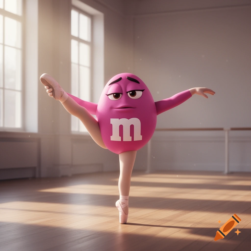 A 3D render of a pink M&M character in a ballet studio, standing on pointe with one leg raised in an arabesque.