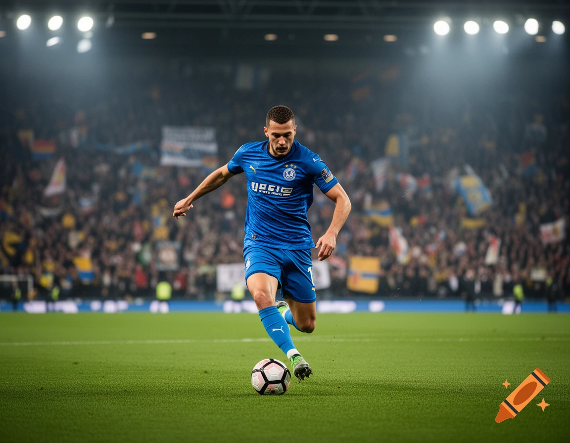 A photorealistic image of a male soccer player in a blue uniform dribbling a ball on a green field in a stadium with spectators.