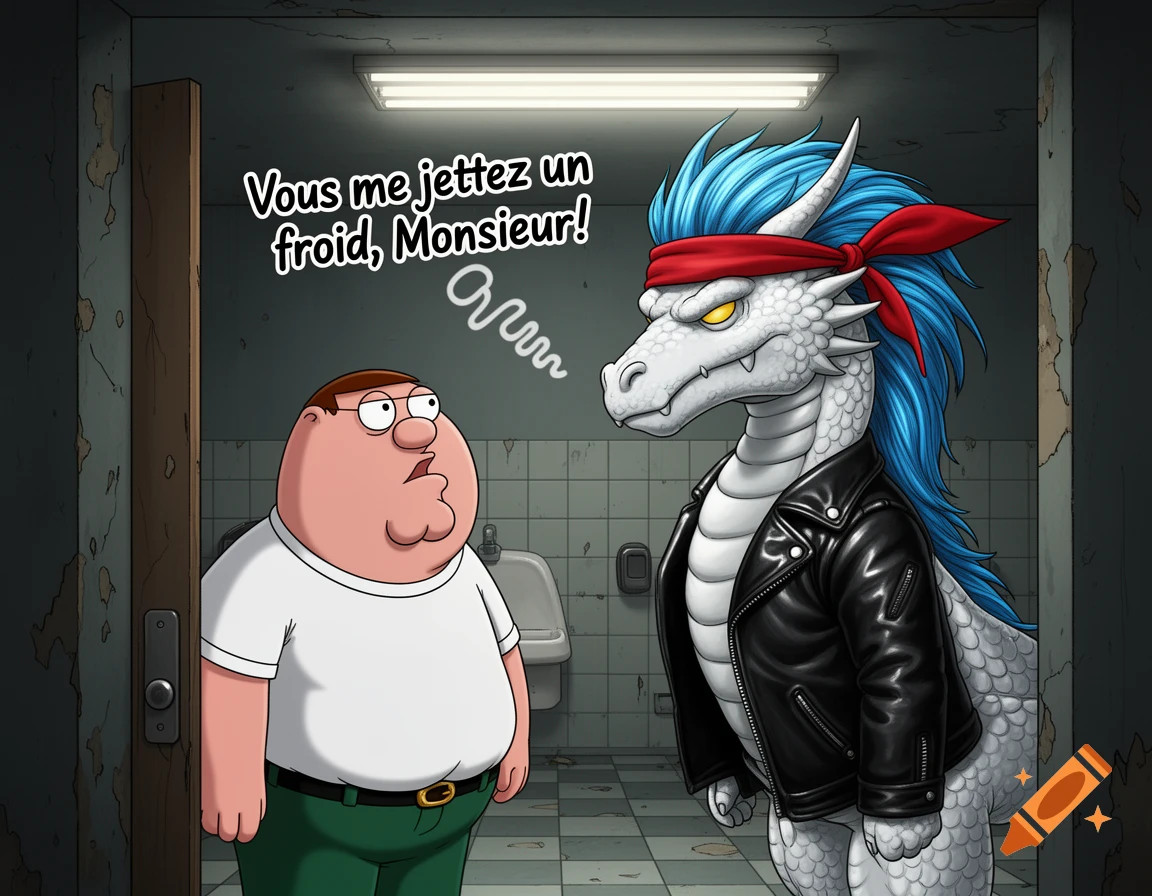 Peter Griffin opens a restroom door, startled by an anthropomorphic white dragon with blue hair, red bandana, and leather jacket.