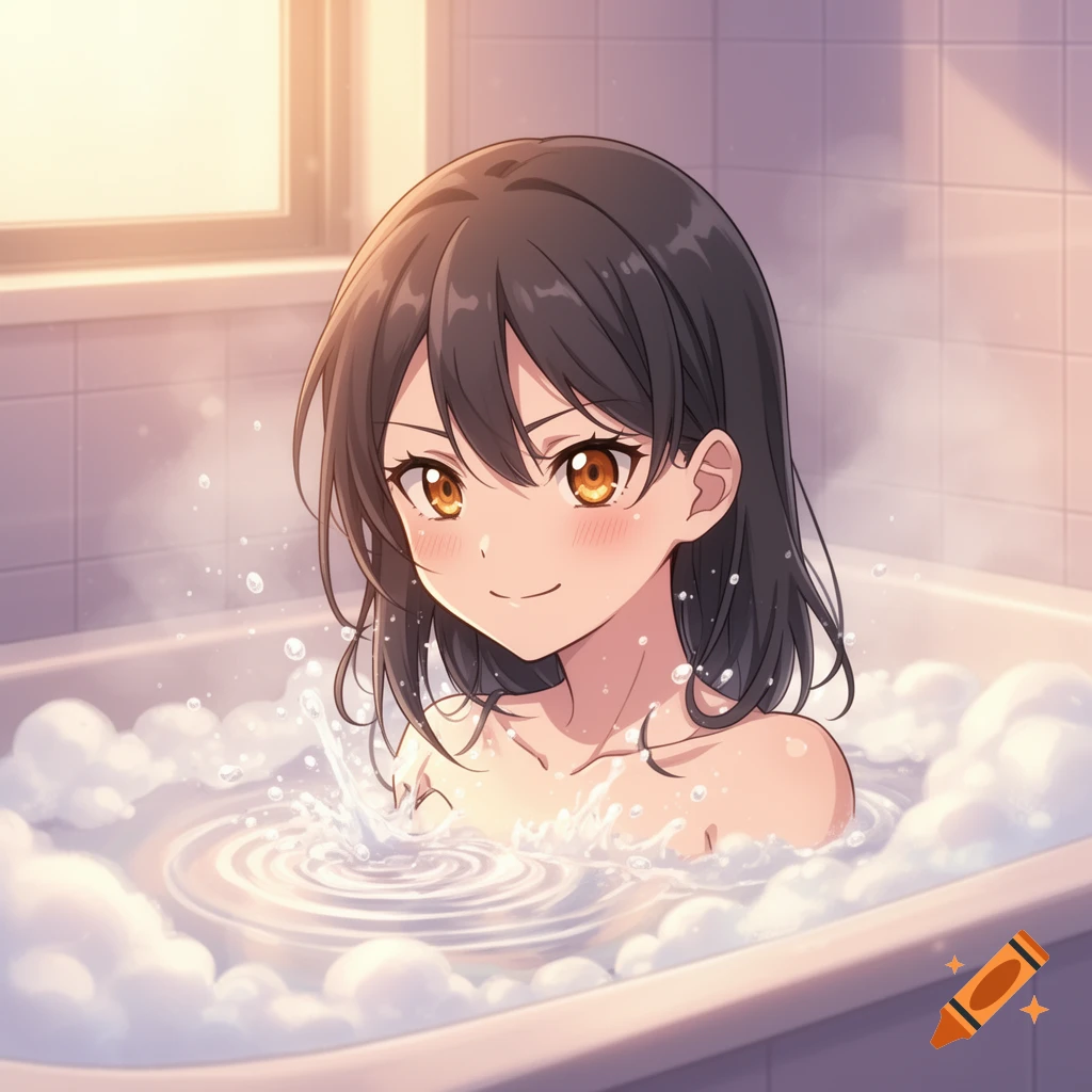 An anime girl with dark hair and golden eyes smiles in a bubble bath, with warm light from a window in the bathroom.