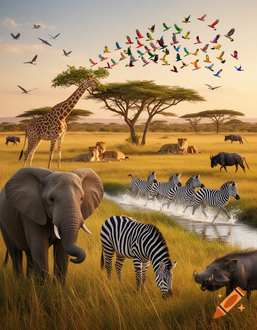 A photorealistic image of diverse animals including elephants, giraffes, zebras, lions, and colorful birds in a sunny African savanna.