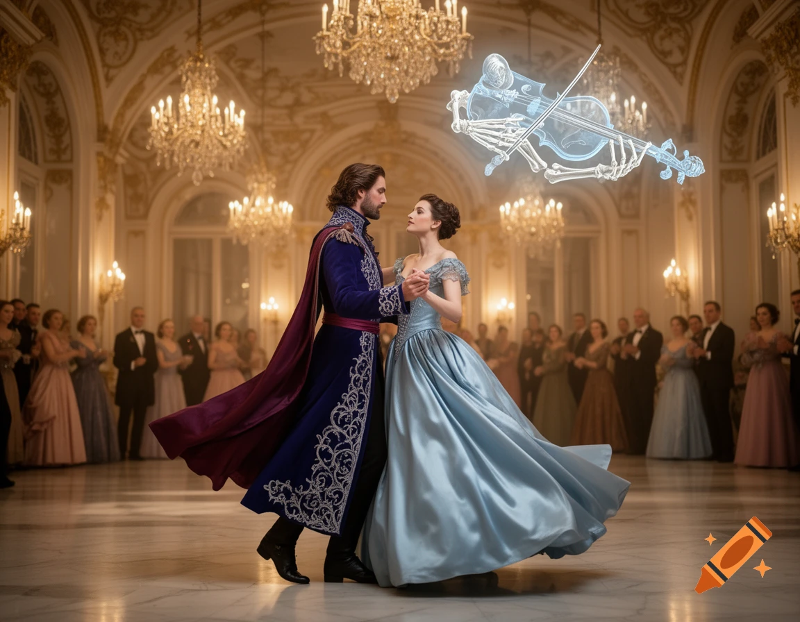 A man in a blue and purple cloak dances with a woman in a blue gown at a lavish royal ball, while a glowing skeletal figure plays a violin.