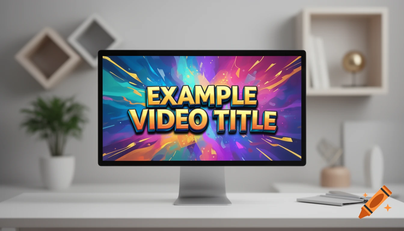 A computer monitor on a modern desk displays a colorful graphic with 'EXAMPLE VIDEO TITLE' for a YouTube thumbnail.