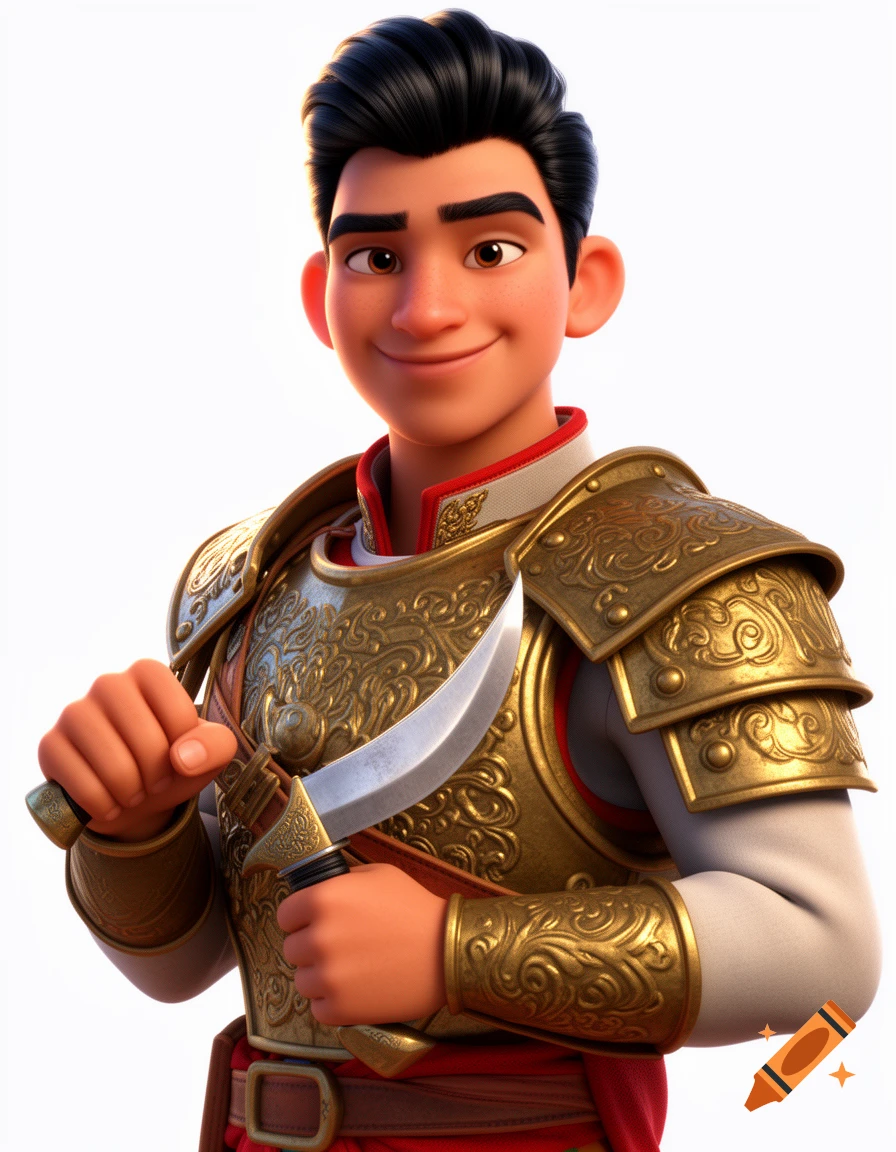 Smiling animated character, a heroic commander in ornate gold and white armor, holding a ceremonial khukuri dagger.