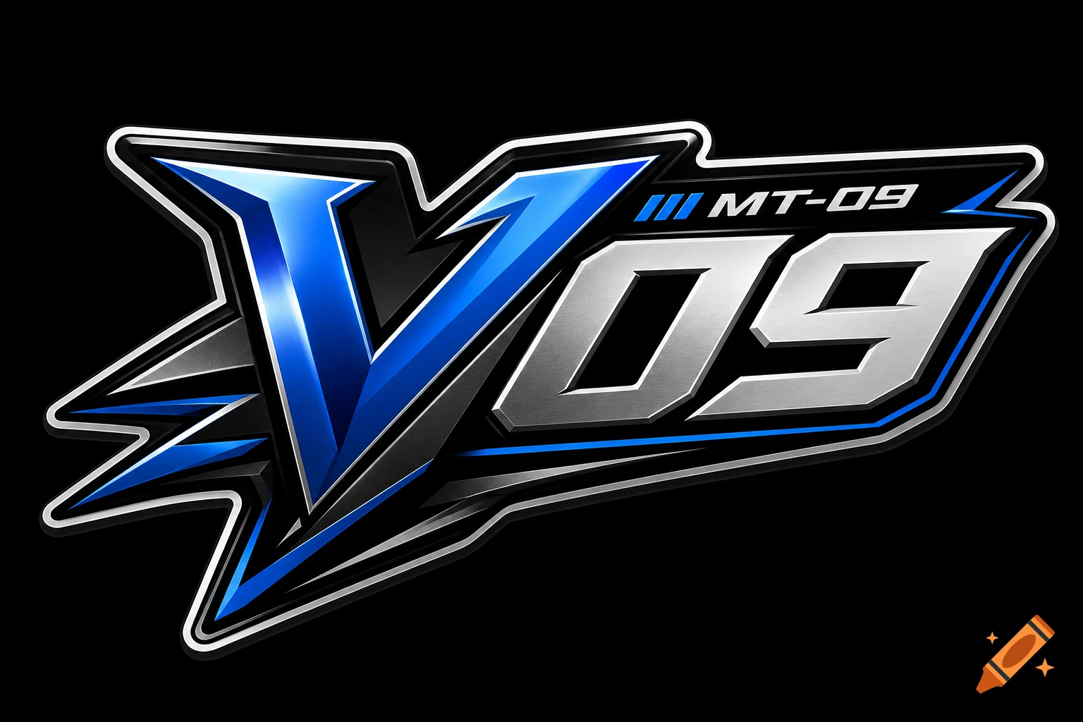 A sharp, metallic logo featuring a large blue 'V' and silver '09', with 'MT-09' above, all on a black background.