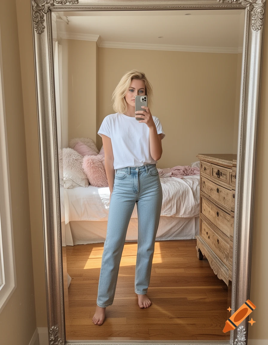 A blonde woman in a white t-shirt and light blue jeans takes a mirror selfie in a bedroom.