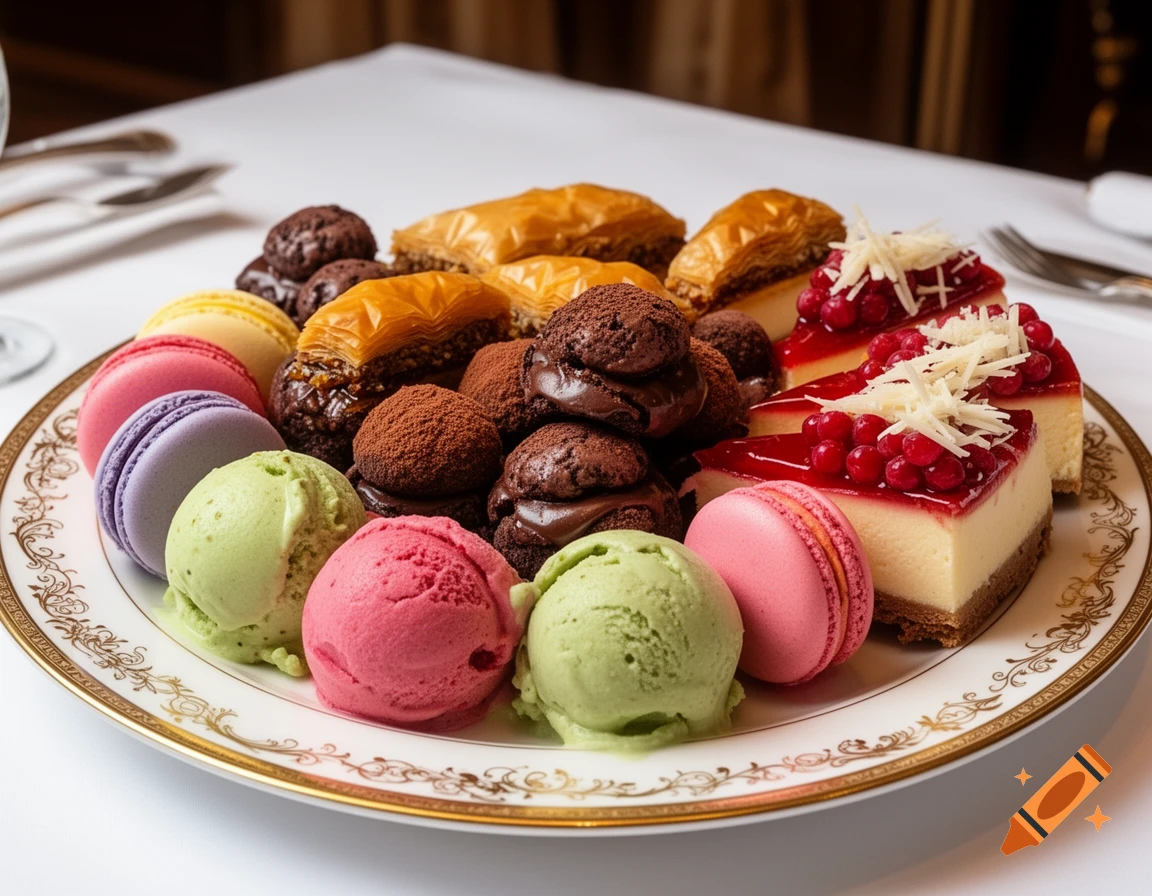A large white plate adorned with an assortment of colorful desserts, including macarons, scoops of ice cream, chocolate cookies, baklava, and cheesecake slices topped with red berries.