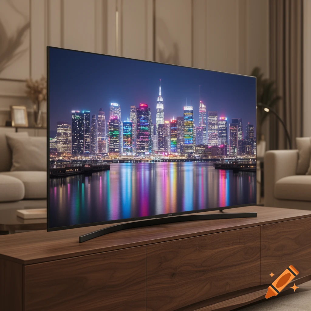 A modern curved smart TV displays a vibrant night cityscape, sitting on a wooden media console in a living room.