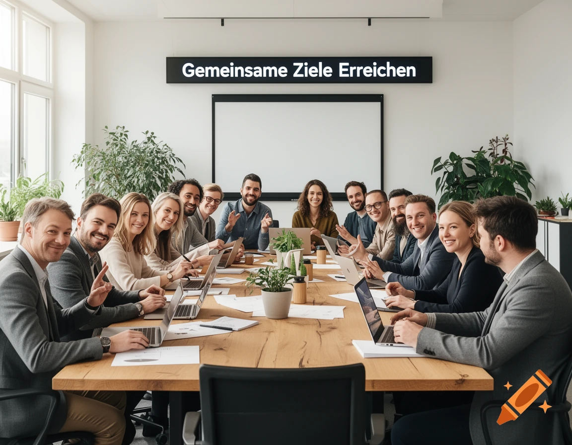 A diverse group of smiling business professionals sitting around a large wooden table with laptops in a modern meeting room.