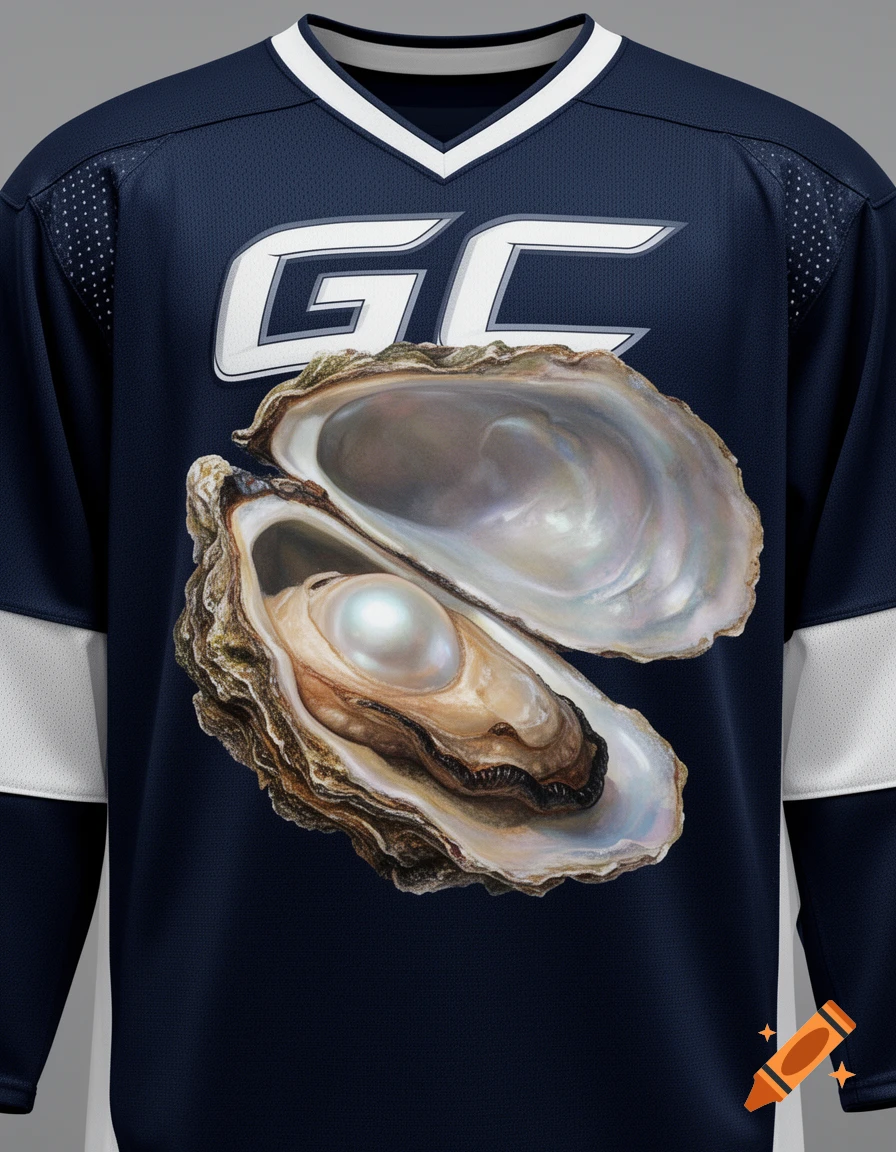 Dark blue hockey jersey with white trim, featuring a large open oyster containing a pearl, and the letters 'GC' above it.