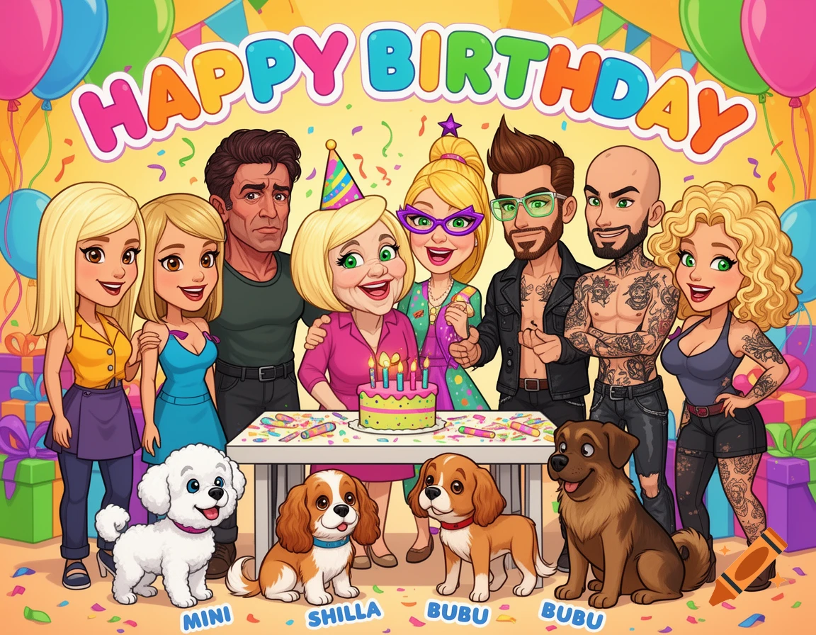 A vibrant cartoon birthday party scene with people and dogs around a cake, under a "HAPPY BIRTHDAY" banner.
