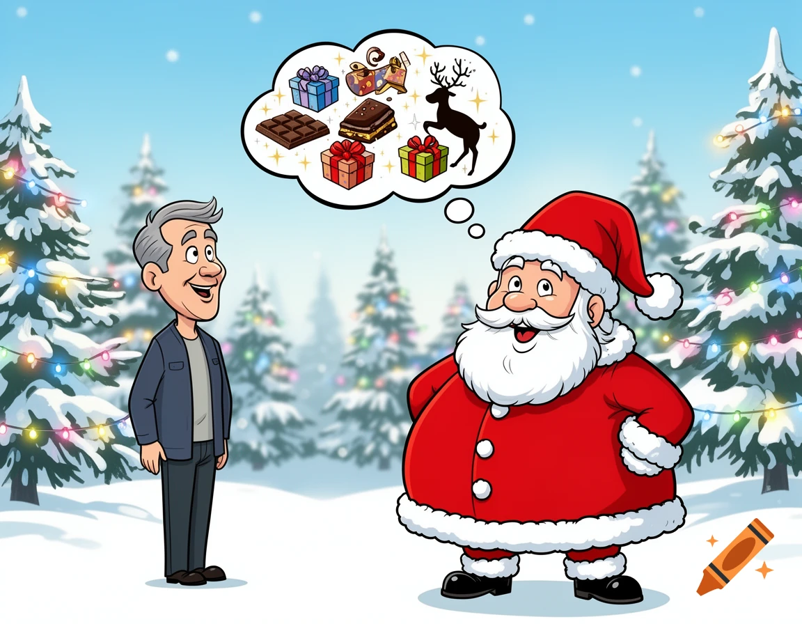 Cartoon Santa Claus and a man in a snowy winter scene, with a thought bubble showing Christmas gifts, chocolate, and a reindeer.