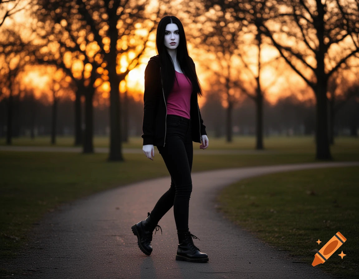 A pale young woman with black hair walks on a path in a park at sunset, wearing a pink top, black hoodie, and combat boots.