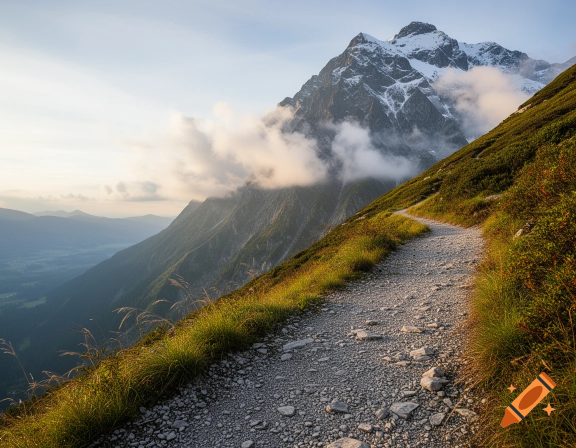 A winding gravel path leads up a grassy mountain slope with a snow-capped peak in the distance under a partly cloudy sky.