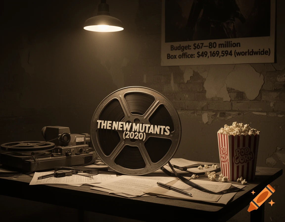 A vintage sepia-toned still life of a movie reel, projector, popcorn, and a poster under a spotlight on a desk.