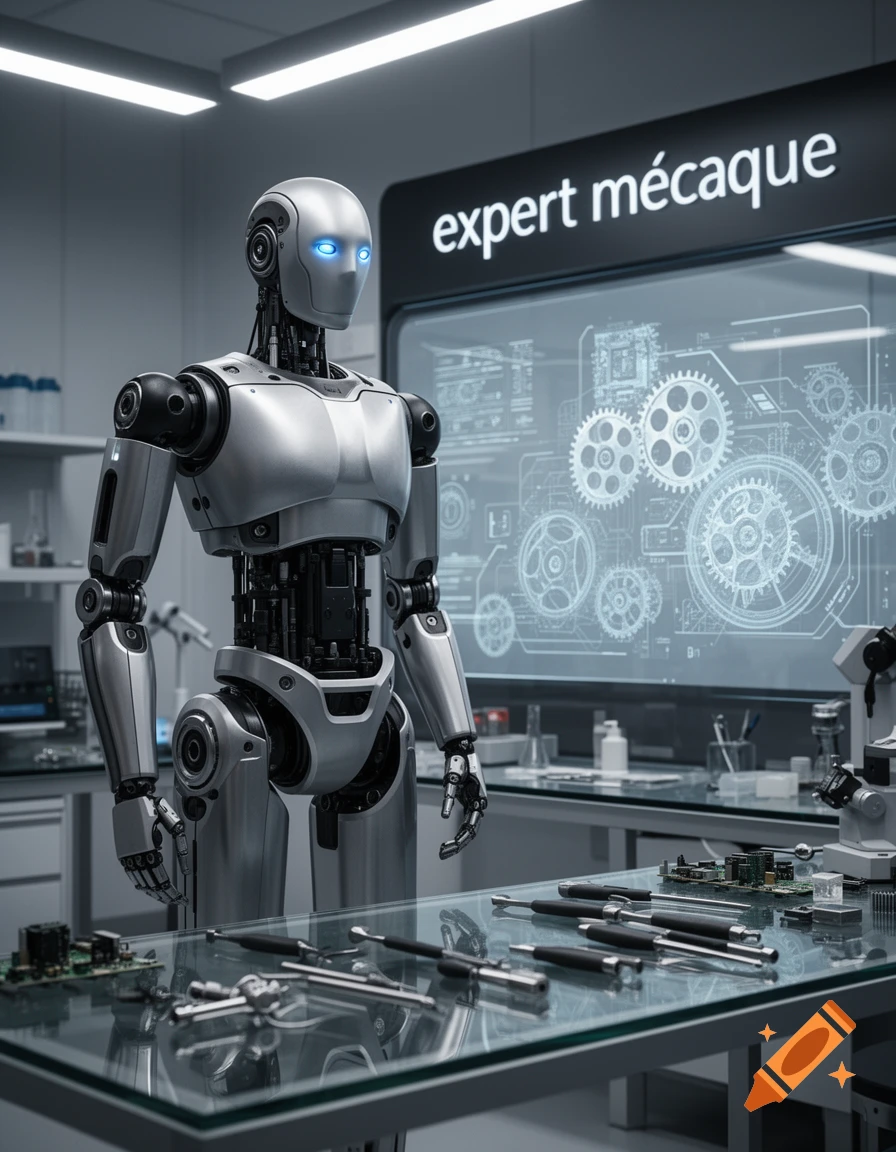 A silver robot with glowing blue eyes stands in a futuristic lab, looking at tools on a glass table. A screen displays gears and circuits, with a sign reading 'expert mécaque'.