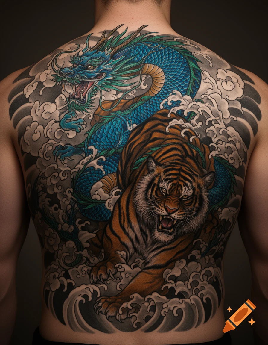 Full back Japanese tattoo featuring a blue dragon and an orange tiger surrounded by waves and clouds.
