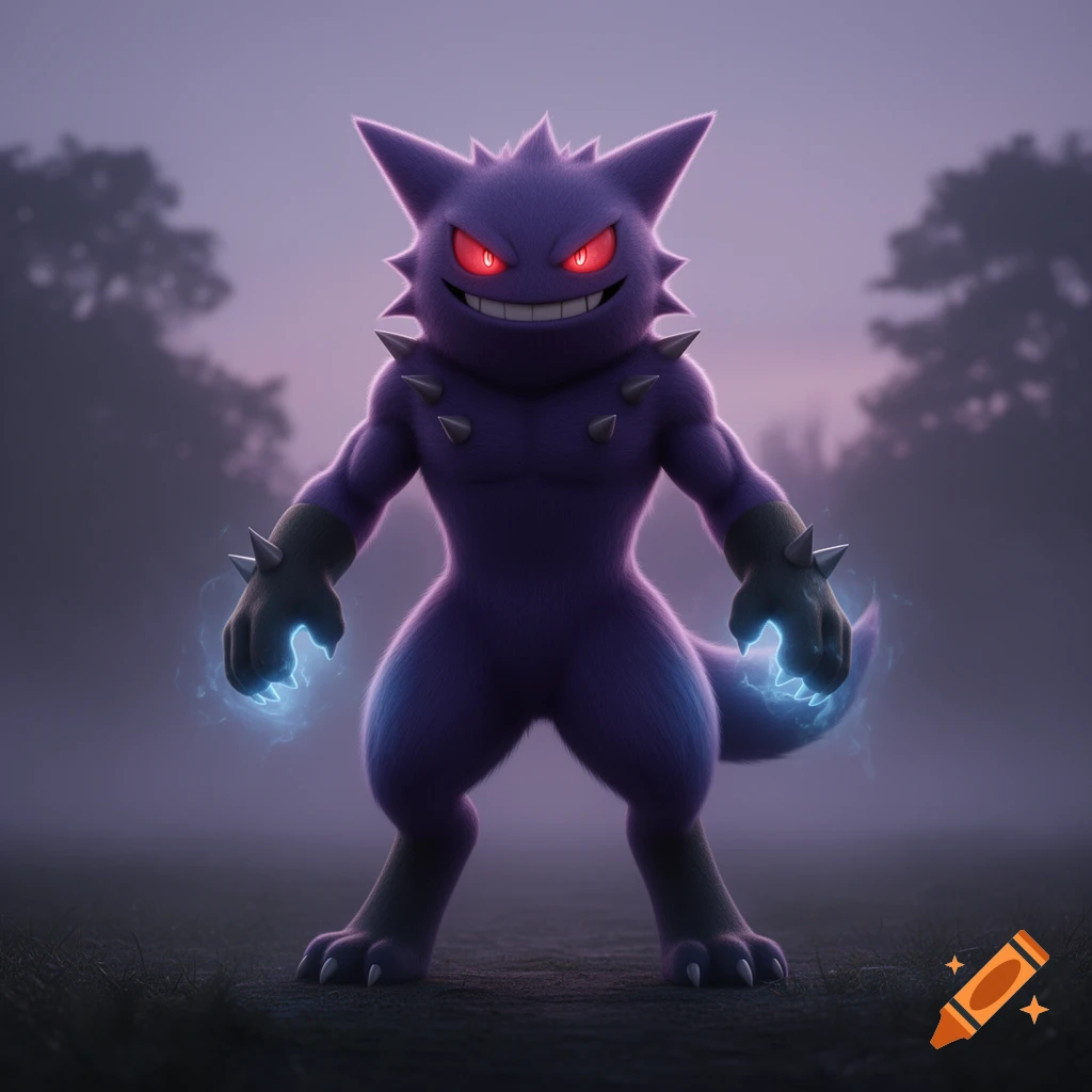A muscular, purple Gengar-Lucario fusion with red glowing eyes and blue energy on its hands, stands in a misty forest.