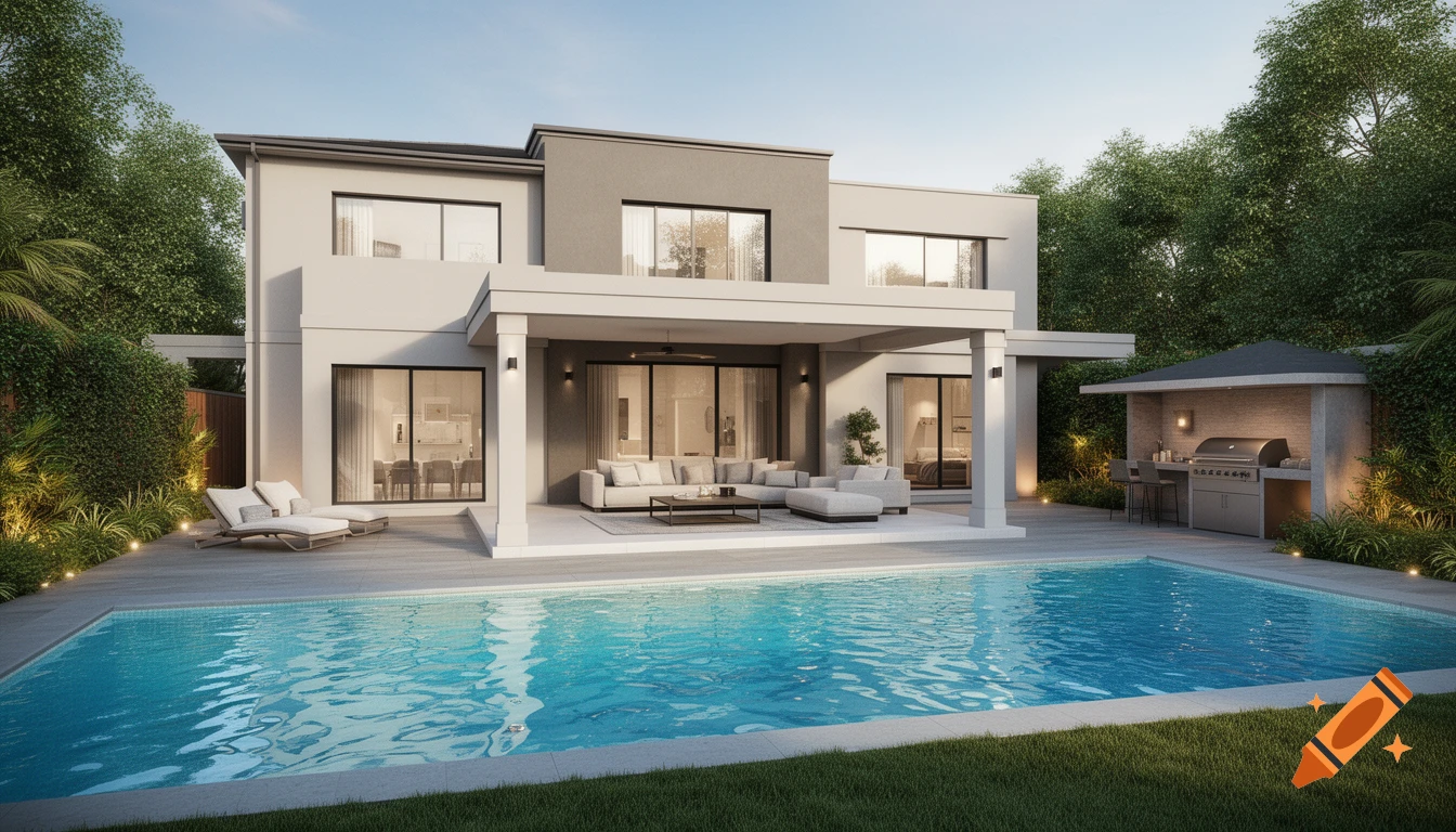 A modern luxury house with a swimming pool, an outdoor lounge area, and a barbecue patio surrounded by lush greenery.