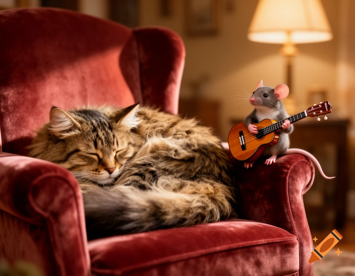 A fluffy tabby cat sleeps peacefully on a red velvet armchair, while a small grey mouse sits beside it, playing a miniature guitar.