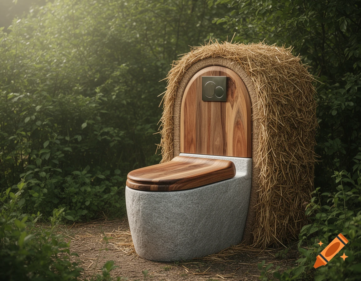 A rustic toilet made of stone, wood, and straw sits on a forest path amidst lush greenery.