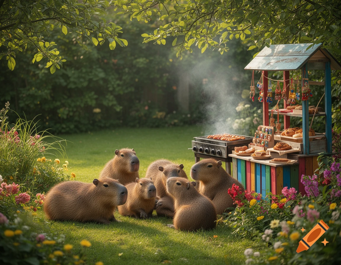 Capybaras relaxing at a backyard barbecue with a colorful selling stall.