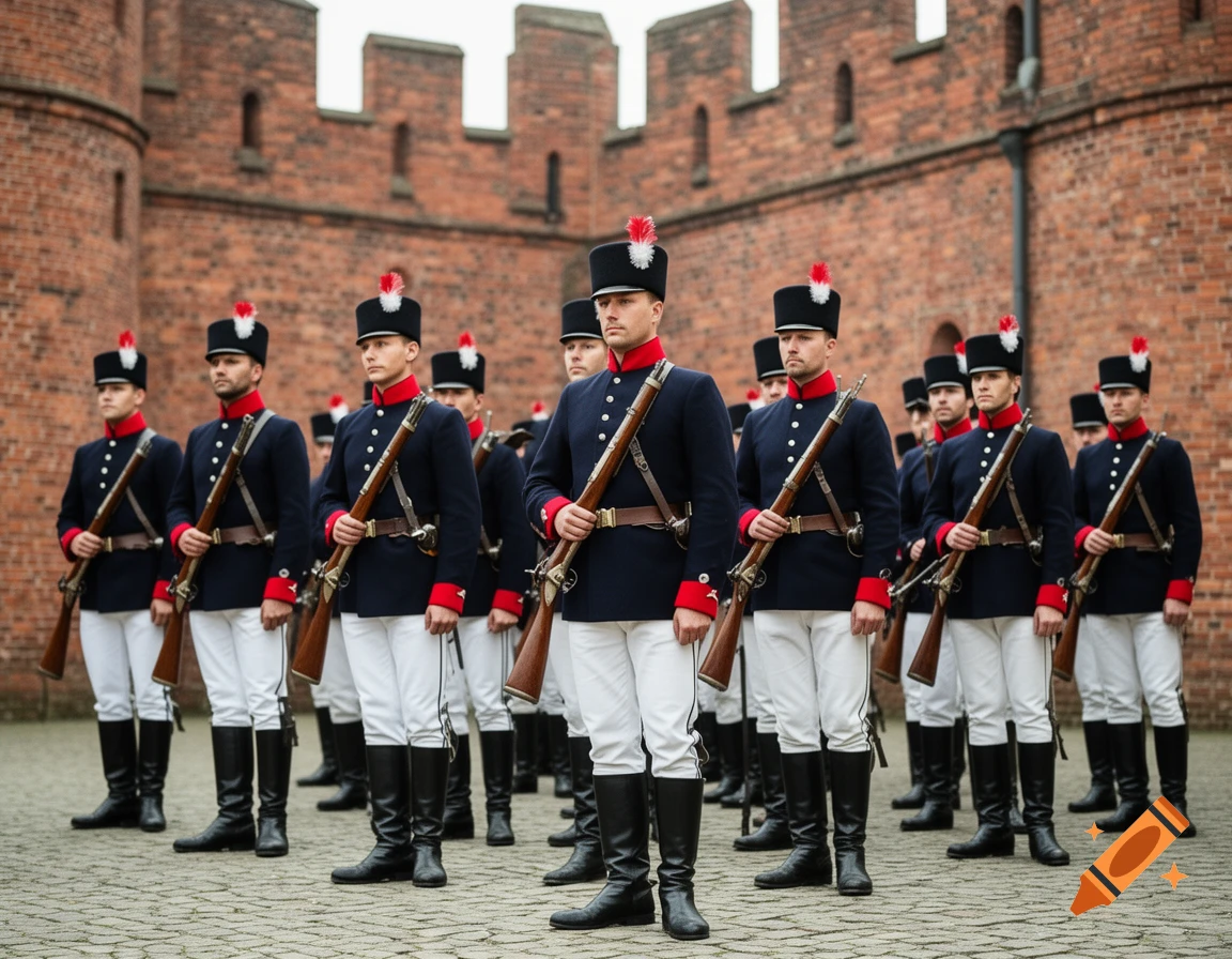 Photorealistic soldiers in dark blue historical uniforms with rifles stand guard before a brick castle.