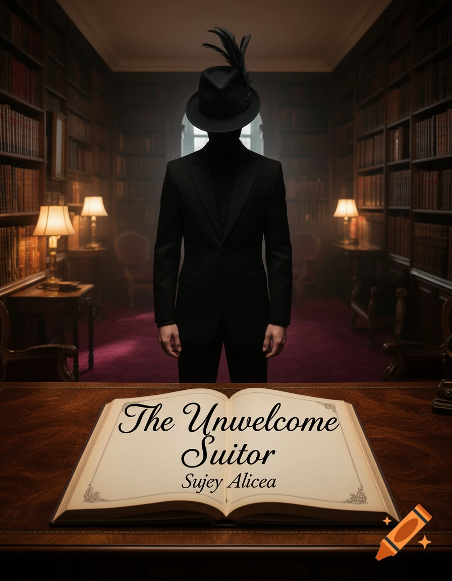 A mysterious, faceless figure in a dark suit and fedora stands in a dimly lit library. An open book titled 'The Unwelcome Suitor' by 'Sujey Alicea' rests on a wooden desk in the foreground.