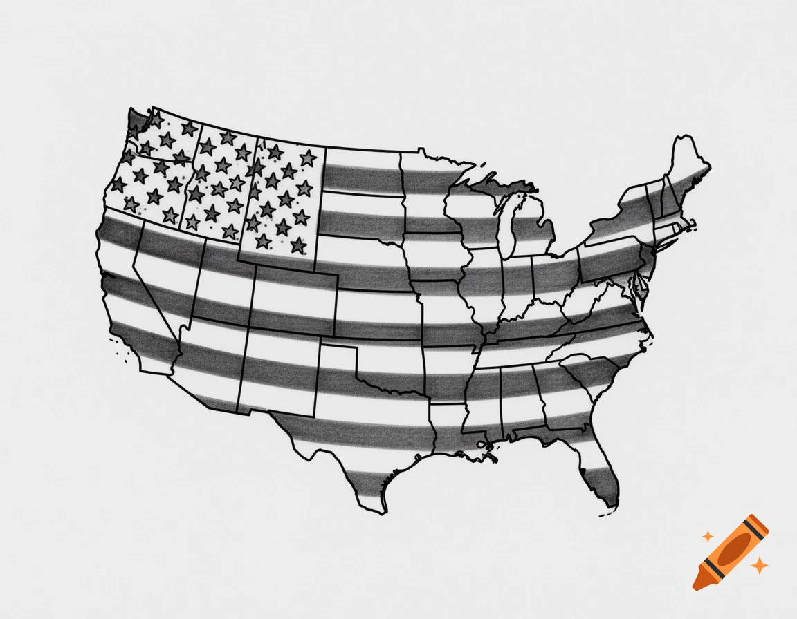 Black and white outline map of the USA patterned with stars and stripes of the American flag.