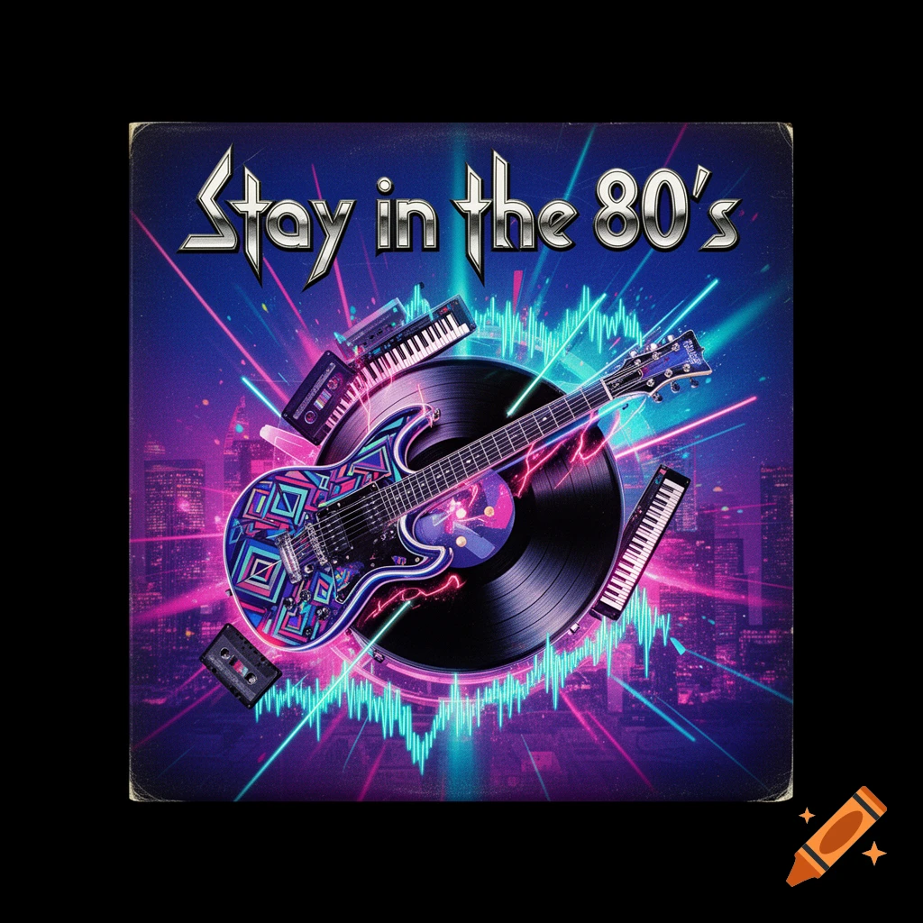 An 80s retro album cover with an electric guitar, vinyl record, synthesizers, and neon city skyline. Text reads 'Stay in the 80's'.