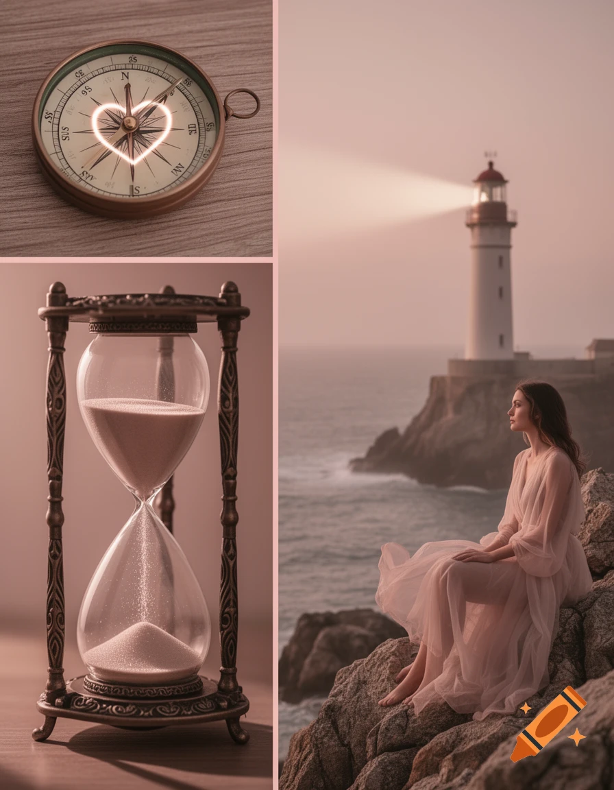 A collage with a compass featuring a glowing heart, an hourglass, and a woman in a sheer dress on rocks looking at a lighthouse, all in soft pink tones.