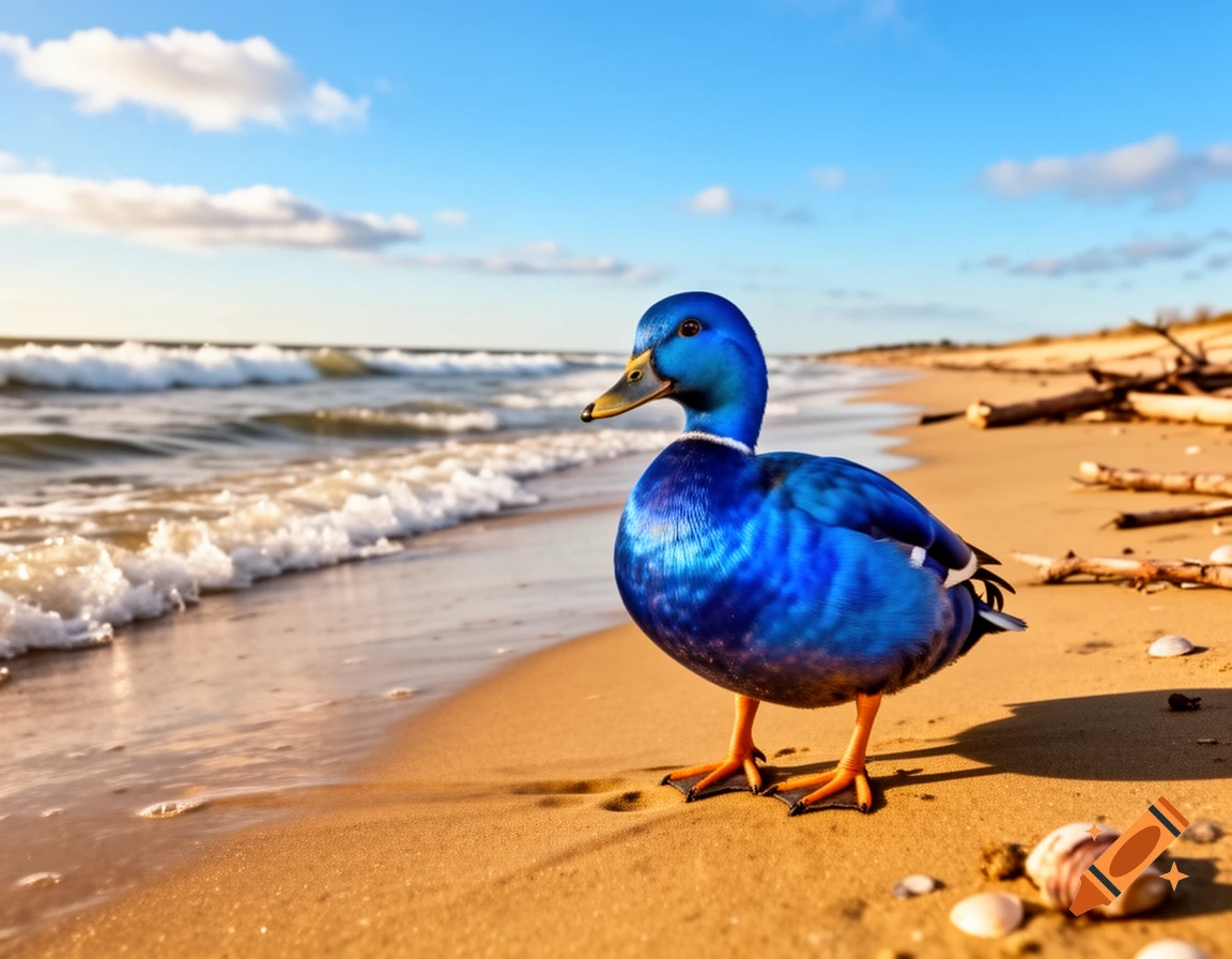 A photorealistic blue duck stands on a sandy beach next to gentle ocean waves under a partly cloudy sky.