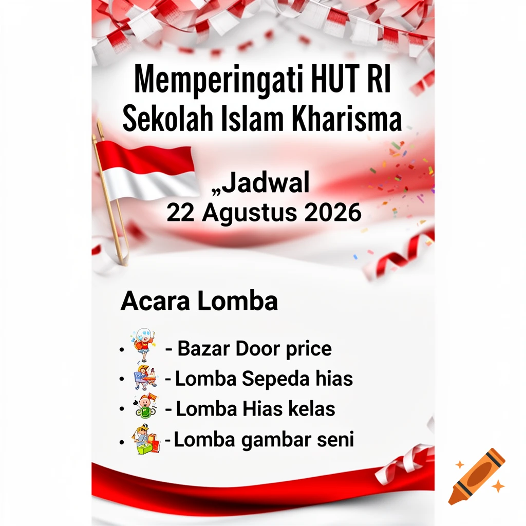A white and red event poster with the Indonesian flag, ribbons, and confetti, announcing "Memperingati HUT RI Sekolah Islam Kharisma" on "22 Agustus 2026", with a list of competitions.