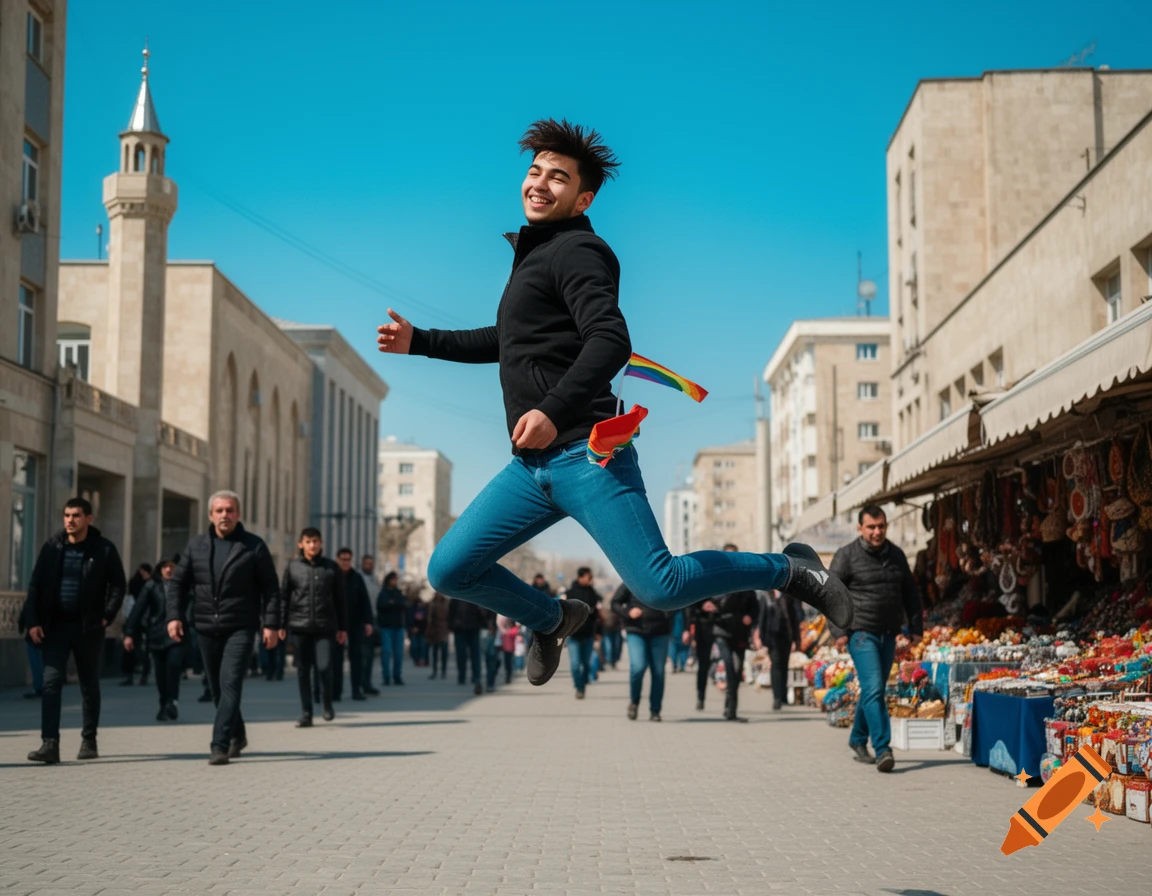 A young man with spiked hair joyfully jumps on a city street, holding a small rainbow flag, with buildings and a marketplace in the background.