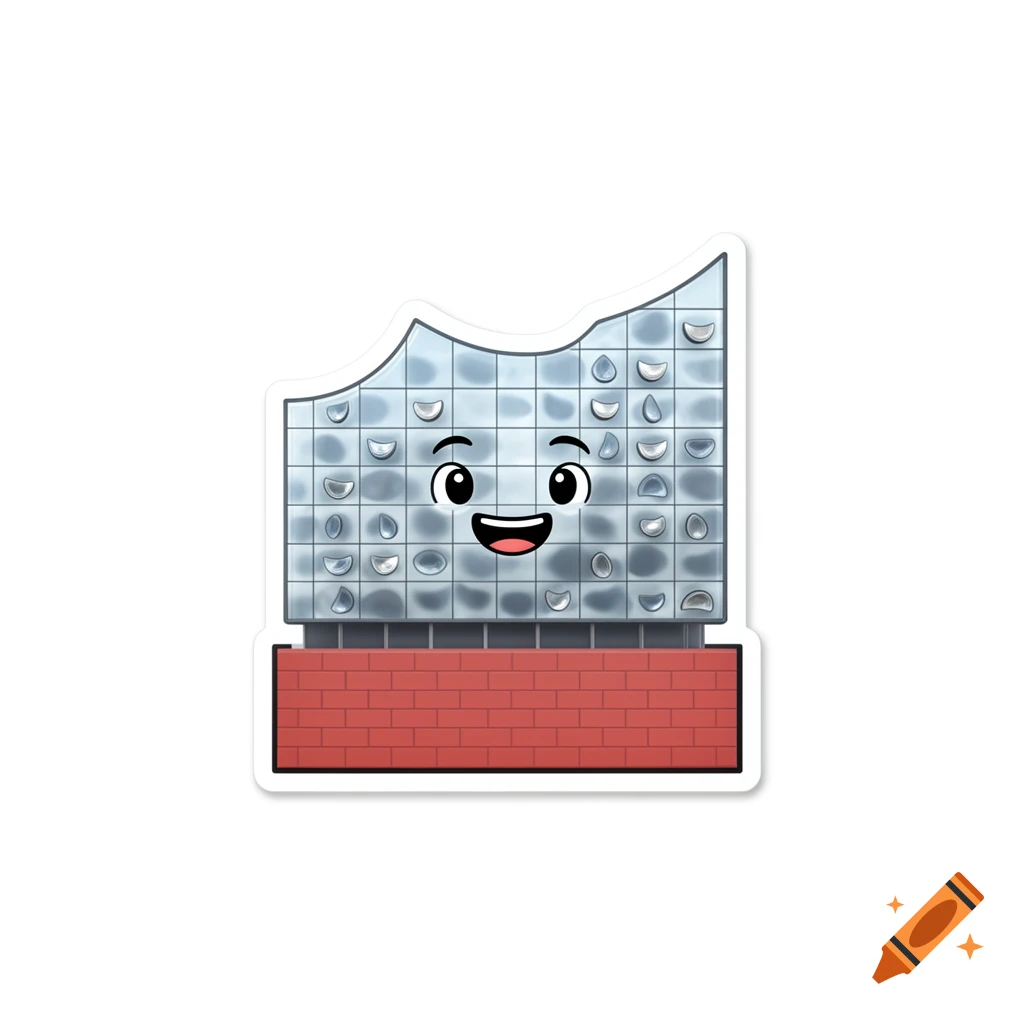 A friendly 3D comic mascot of the Elbphilharmonie, with a wave-shaped glass facade upper body and a red brick base, in a sticker style.