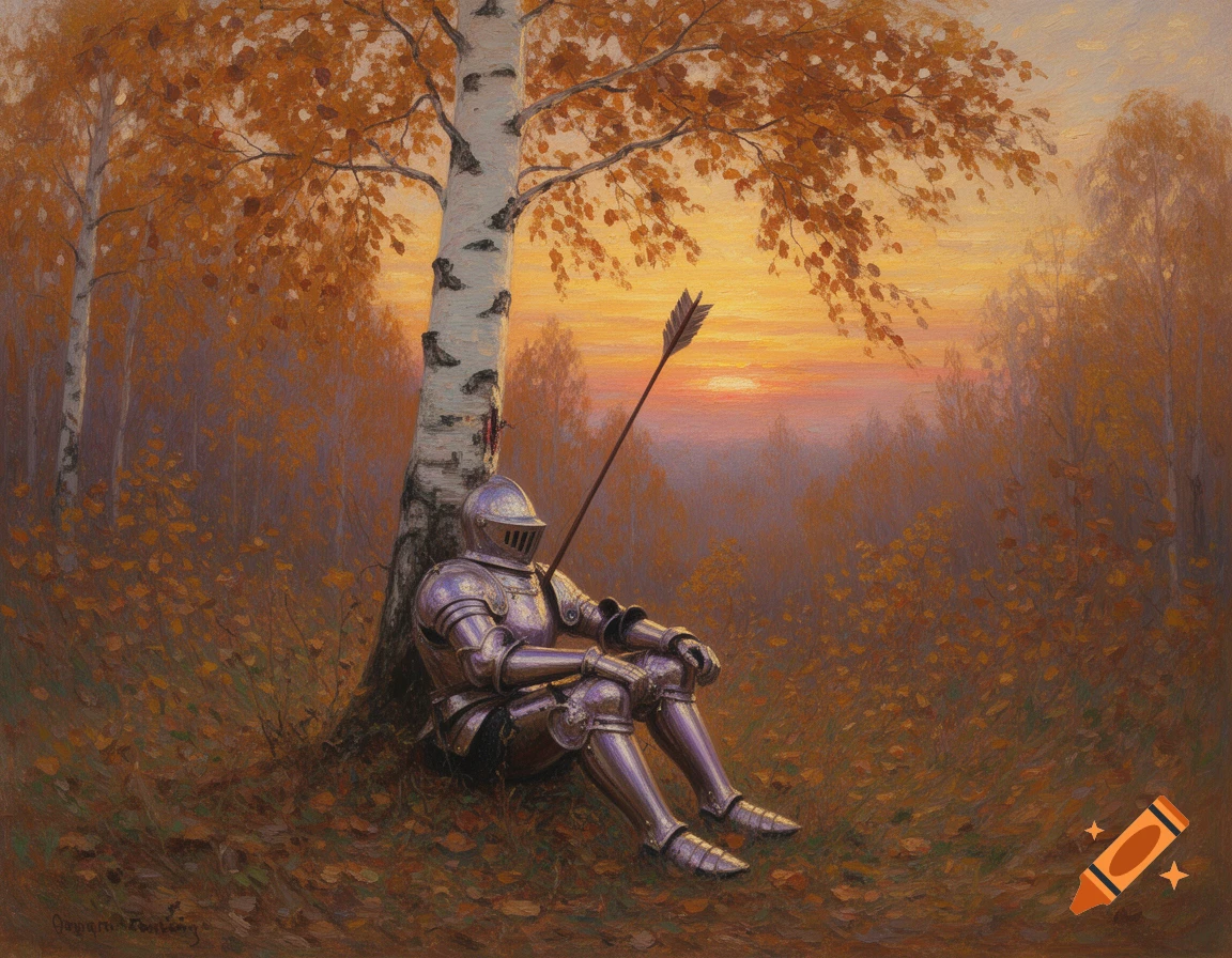 Impressionist painting of a knight in full plate mail, pierced by an arrow, resting against a birch tree in a sunset autumn forest.