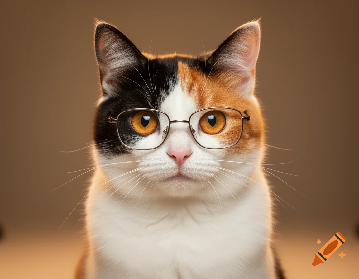 Close-up photorealistic portrait of a calico Japanese Bobtail cat wearing reading glasses, looking directly at the camera.